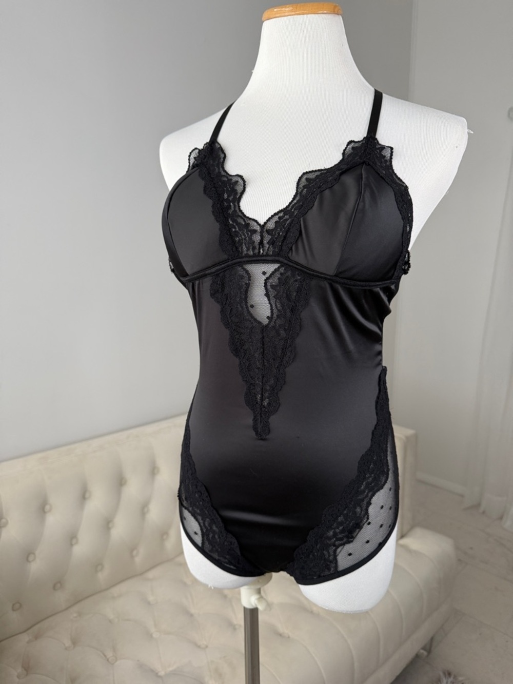 Fredericks of Hollywood Black Lace Trim Satin Bodysuit M